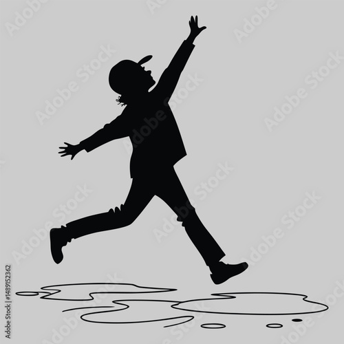 a child jumping in a puddle silhouette vector design art and illustration
