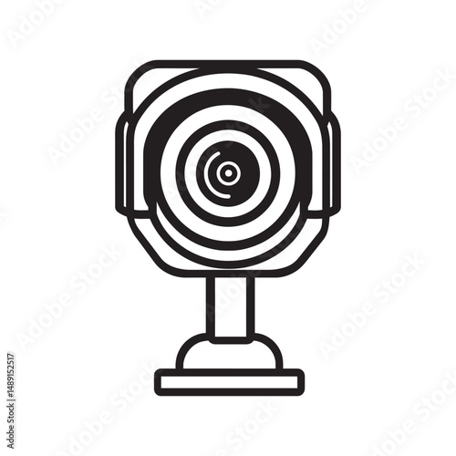 Line drawing shows a simple CCTV camera in black isolated on a white background
