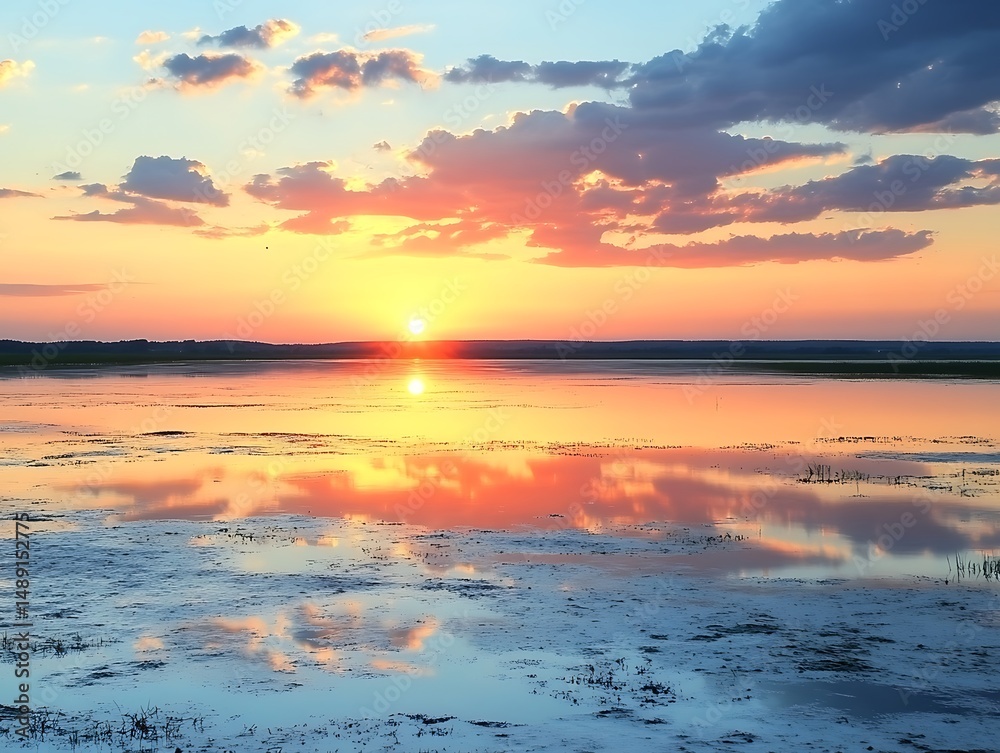 Obraz premium Sunset over a tranquil lake