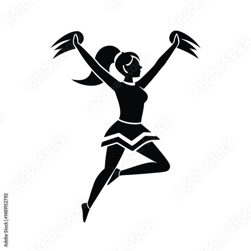 Cheerleader silhouette jumping high pom poms