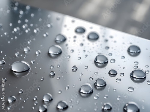 Raindrop Reflections: A close-up of water droplets glistening on a sleek metal surface, evoking a sense of freshness, purity, and the interplay of light and shadow.