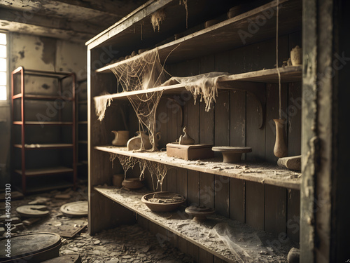 Dusty Shelves: An abandoned room, the remnants of a bygone era, capturing the textures and forms of forgotten objects, illuminated by filtered light.