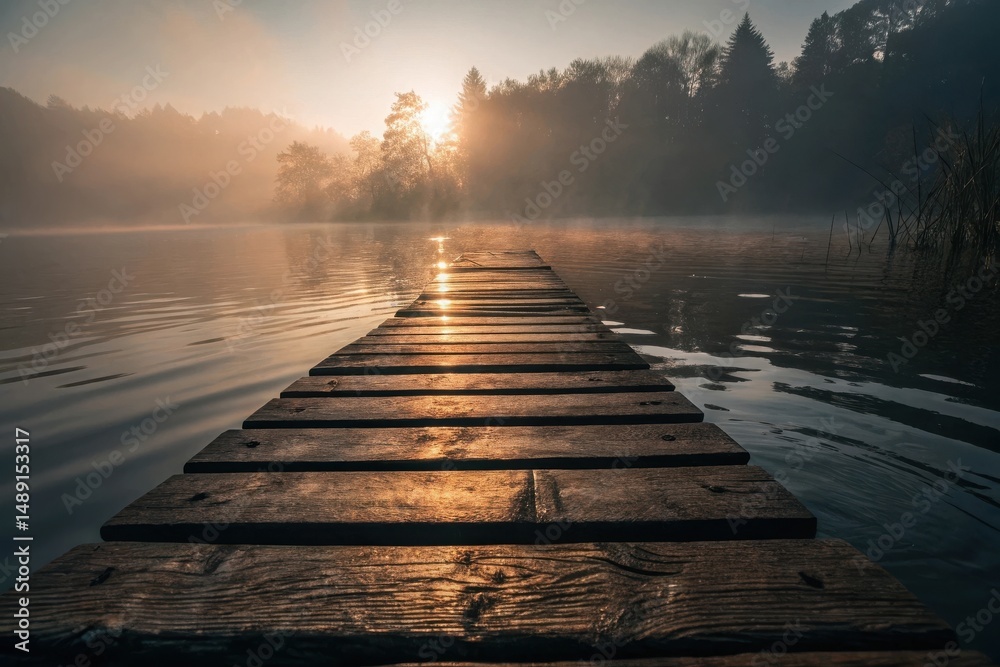 Naklejka premium Wooden dock extending into a misty lake at sunrise