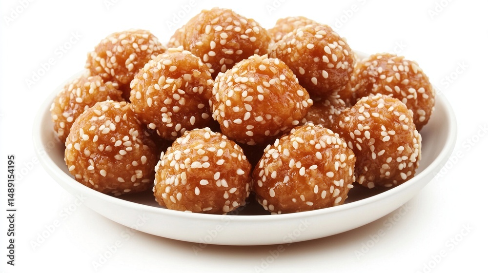 A plate filled with golden-brown balls covered in white sesame seeds on white A plate filled with golden-brown balls covered in white sesame seeds on white