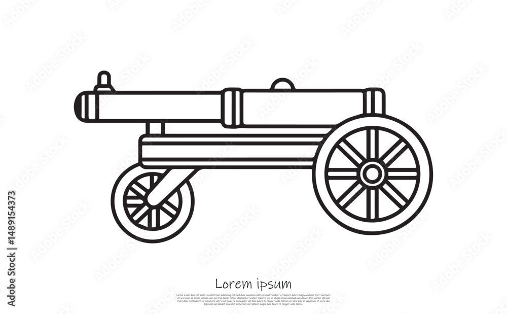 Fototapeta premium Antique Cannon Line Art Design on Wheels with Transparent Background