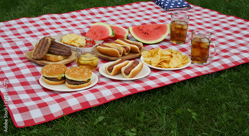 Picnic with hot dogs hamburgers watermelon and chips on grass in summertime