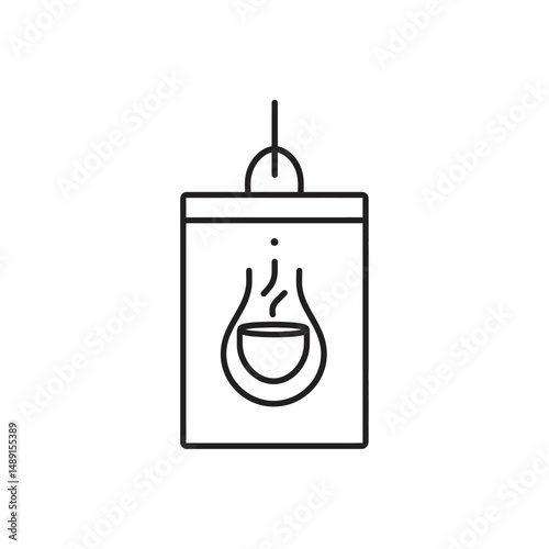 Linear hot beverage cup icon adorns a suspended rectangular shape with transparent backdrop