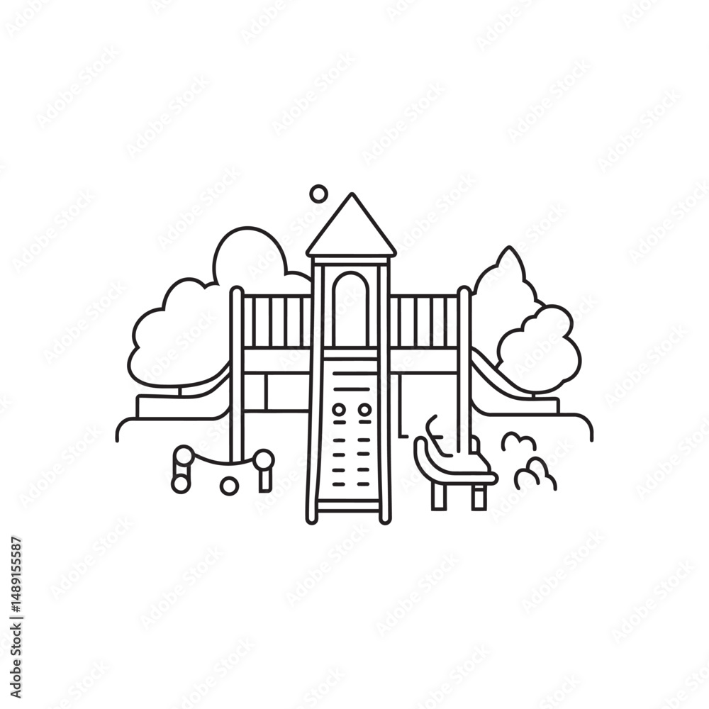 Fototapeta premium Linear playground structure with slide, seesaw, chair, and trees evokes playful simplicity