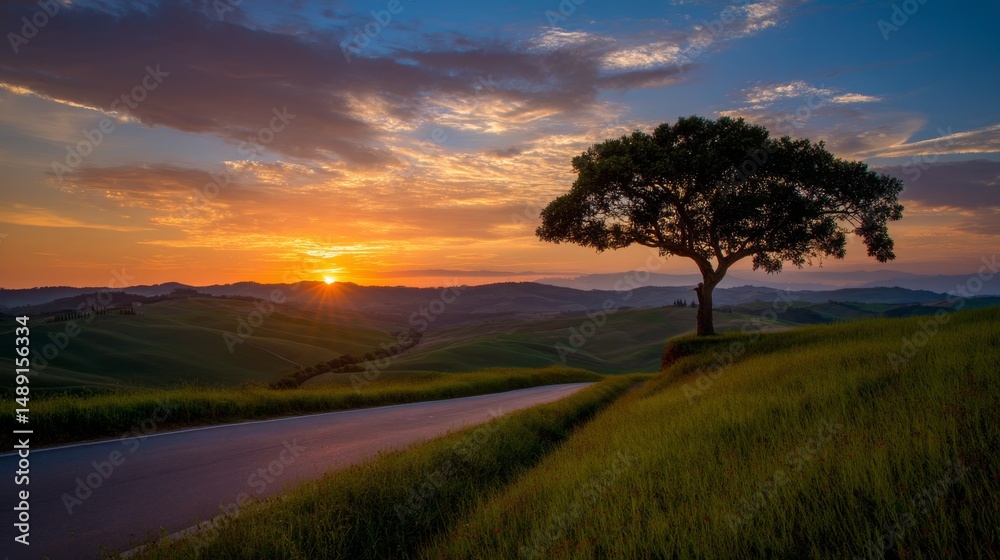Fototapeta premium Enchanting sunset over rolling hills of Tuscany with vibrant orange, pink, blue, purple, and yellow sky hues, a winding road lined with green grass trees, a solitary tree casting long evening shadows.