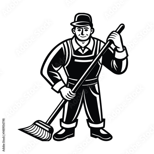 Happy janitor silhouette holding broom
