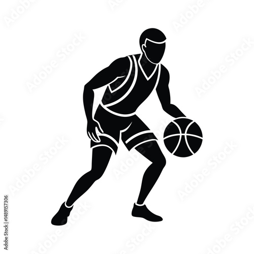 Basketball player silhouette dribbling ball action