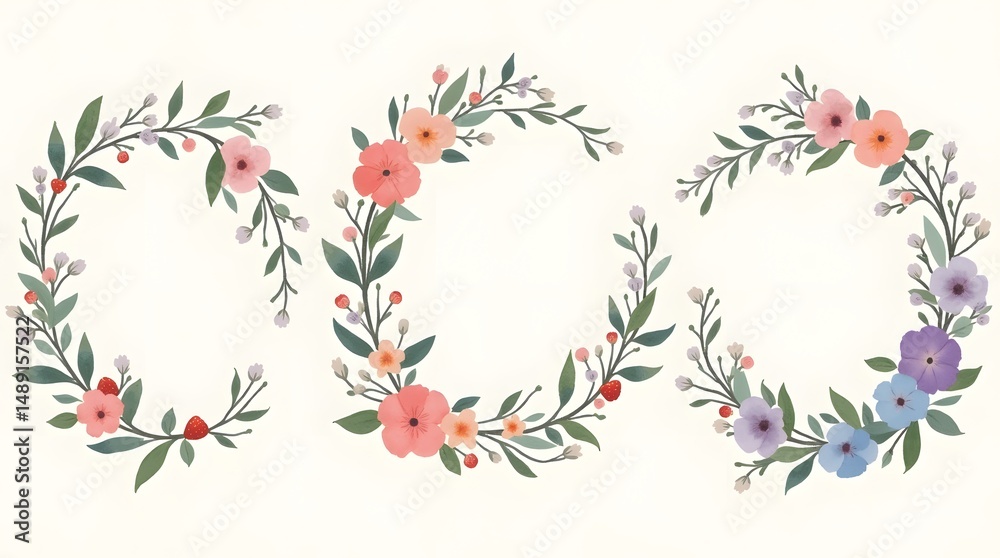 Obraz premium Elegant floral wreath set. Perfect for wedding invitations, greeting cards, and decorative designs. Features delicate flowers and leaves in a circular arrangement.