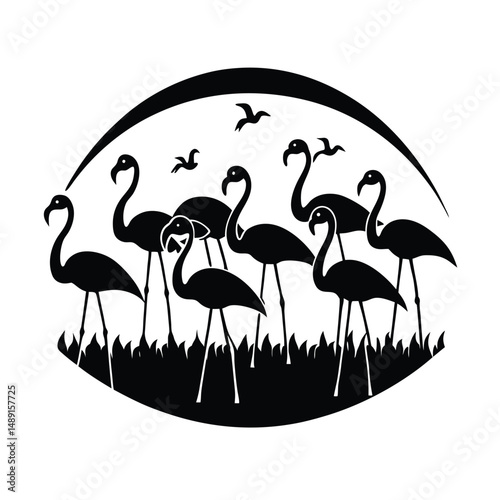 Flamingo flock silhouette tropical bird scene
