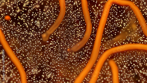 Close-up view of intricate orange threads embedded in a dark, speckled surface. Tiny, light particles are dispersed throughout