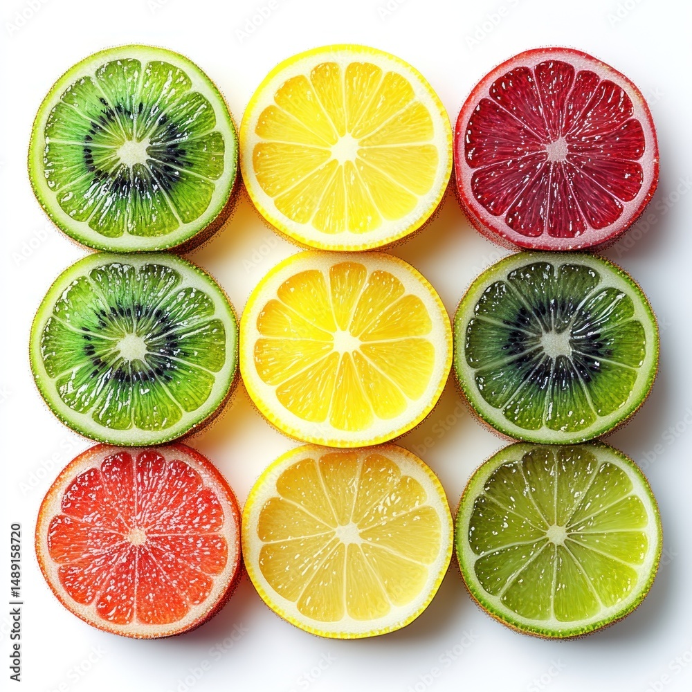 Obraz premium Colorful arrangement of sliced citrus fruits showcasing vibrant textures and freshness