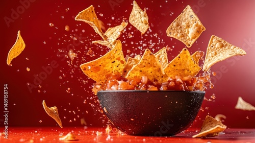 Crispy tortilla chips falling into spicy salsa bowl