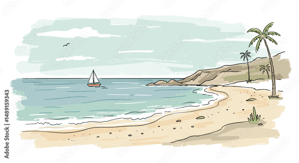 Naklejka premium Illustration of a serene beach cove with sailboat and palm trees 
