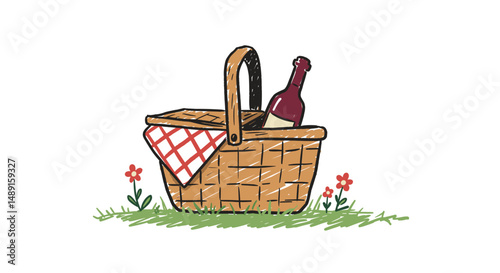 Picnic basket with wine bottle and checked cloth on grass  