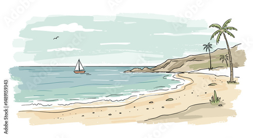 Illustration of a serene beach cove with sailboat and palm trees  