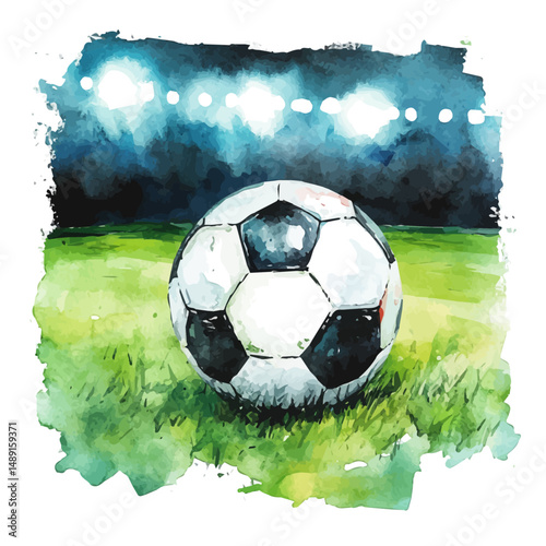 Soccer Ball On A Green Field Under Floodlights, watercolor painting vector, high quality, isolated on a white background.