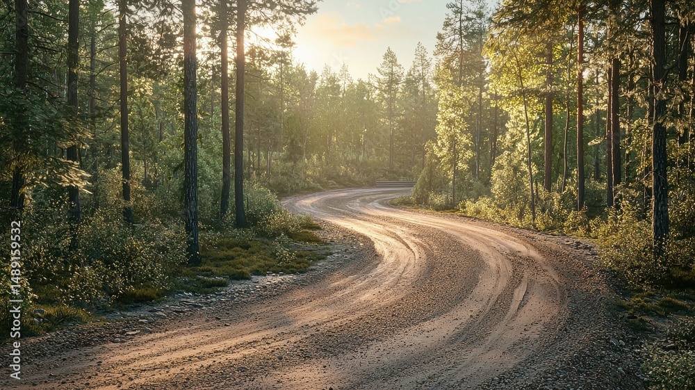 Obraz premium A tranquil gravel track winds through a lush forest, bathed in warm sunlight at sunrise, inviting exploration and adventure in nature's beauty.