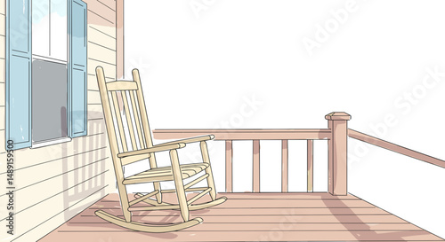 Empty rocking chair on porch with wooden railing and window  