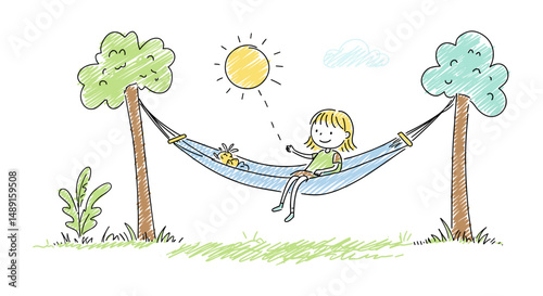Young girl relaxing in hammock under sun between two trees  