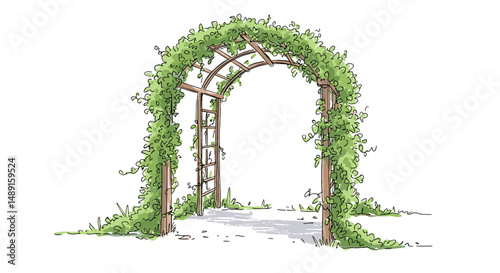 Garden arbor covered with ivy in a serene outdoor setting  