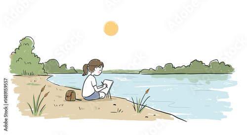 Young girl sketching by the riverbank under the sun