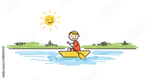 Boy paddling in a yellow boat on a sunny river