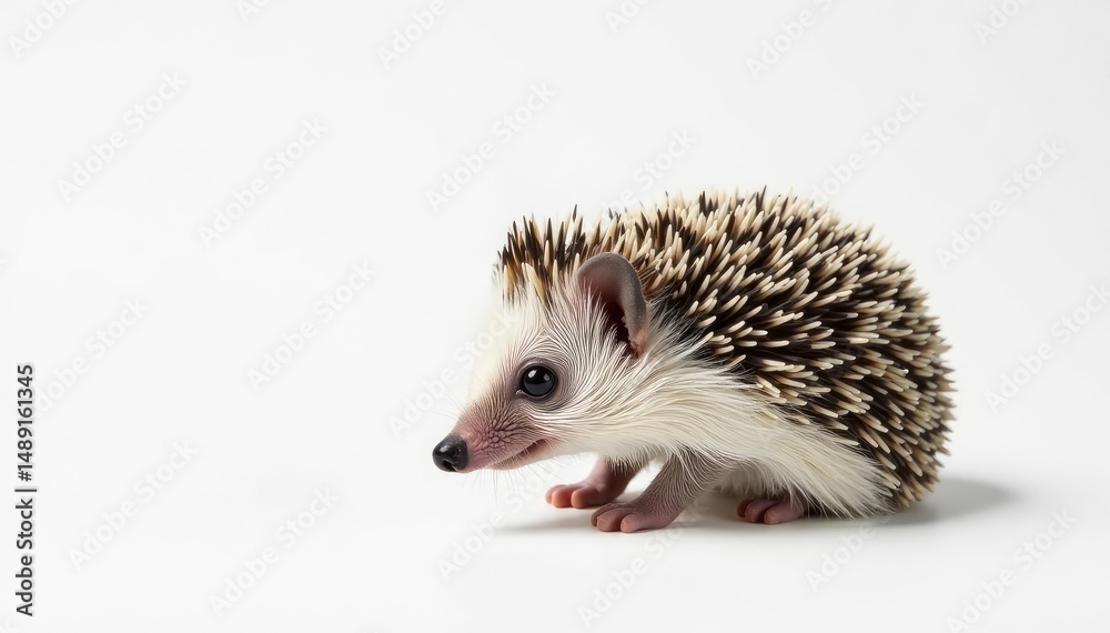 Obraz premium A tiny hedgehog, curled in a ball, on a pure white background , macro photography, small, closeup