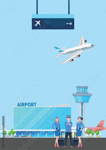 Vector Illustration of Pilot and Flight Attendant with Airplane Airport Background