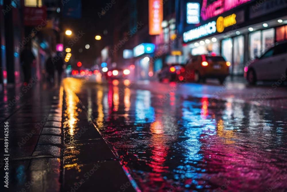 Obraz premium City street at night with rain and reflections