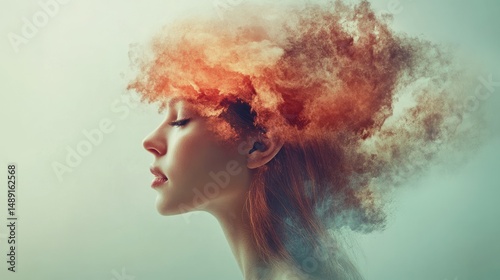 Serene woman with exploding hair peaceful portrait earthy tones soft colors