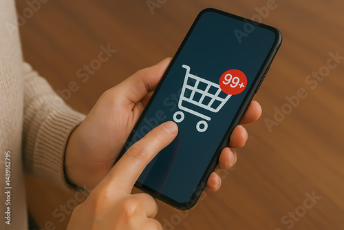 Wallpaper Mural Shopping App Alert: Over 99 Items in Cart on Mobile - E-commerce Technology Concept Torontodigital.ca
