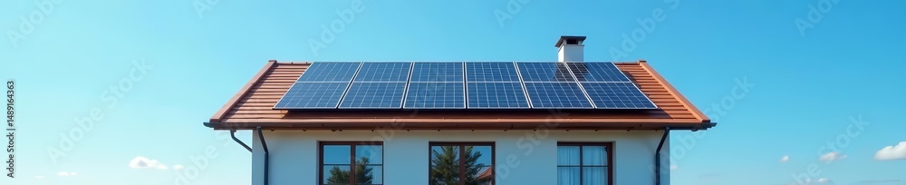 Fototapeta premium Modern house with solar panels on roof against clear blue sky, clean energy, electricity