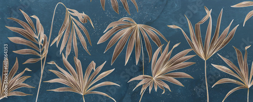 Blue art background with tropical leaves in watercolor style with line art elements. Botanical banner with exotic plants for decor, print, textile, wallpaper, poster, interior.