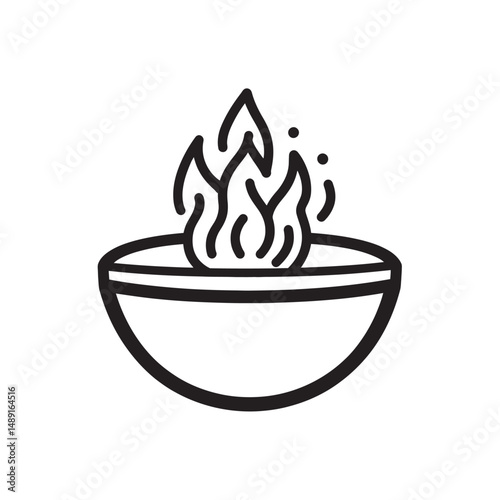 Minimalist black outline shows fire flames burning inside a bowl on a transparent background