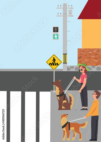 Vector illustration of a dog guarding his blind owner on the street