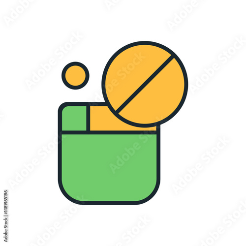 Colorful pharmaceutical container with two round pills, modern vector illustration for healthcare