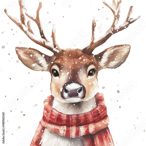 watercolor vector of Snowy Reindeer With Scarf, high quality, isolated on a white background.