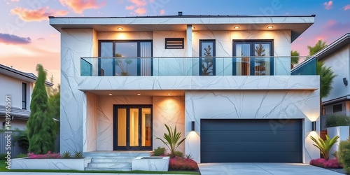 Modern two-story home, light gray marble exterior, gray windows & doors, glass balcony railing, dark gray garage door, landscaped front, landscaping, contemporary architecture