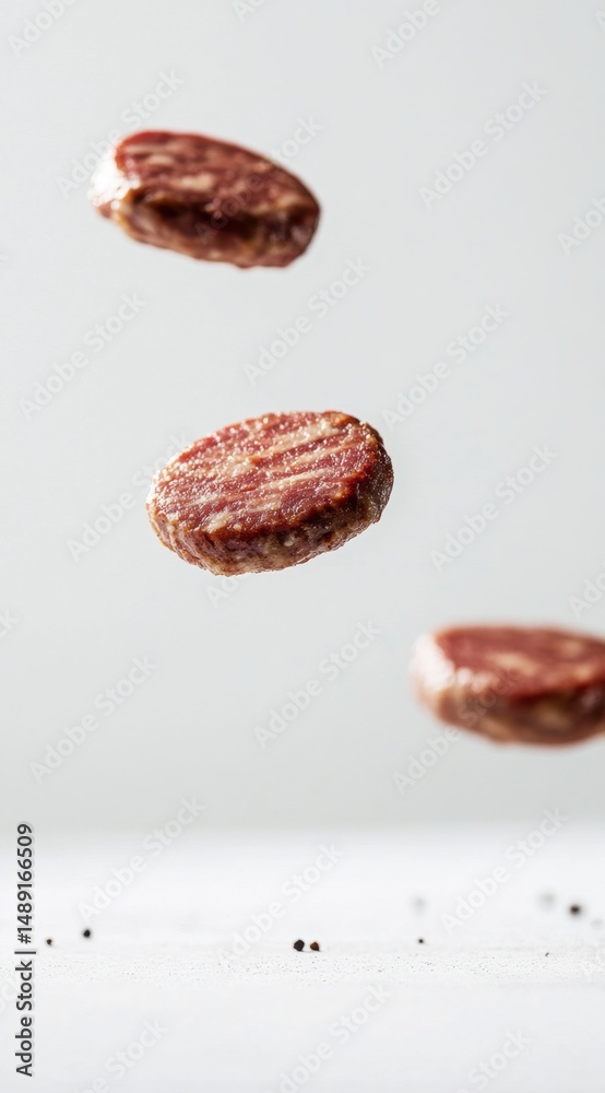 Obraz premium Floating Beef Patties in a Minimalist Kitchen Setting