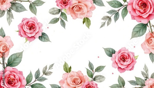 Delicate watercolor roses & leaves, repeating pattern, design, background, background pattern