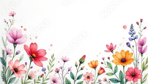 Delicate watercolor wildflowers scattered on white, paint splash, art, pattern