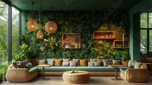 Modern Café Interior with Green Ivy Walls and Rattan Furniture