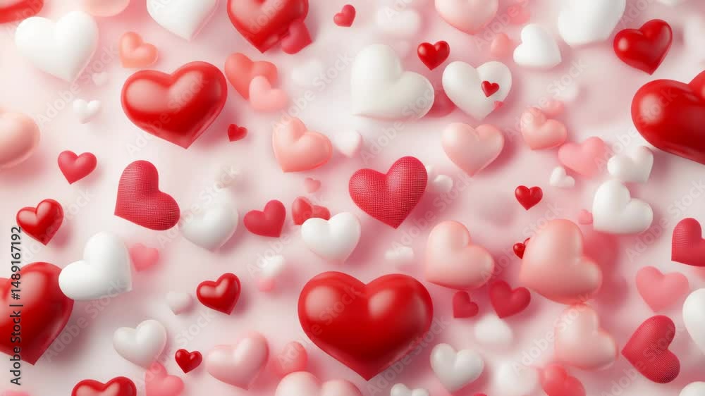 A multitude of red, pink, and white heart shapes scattered across a soft, slightly textured white surface, creating a festive and romantic Valentine's Day background A multitude of red, pink, and white heart shapes scattered across a soft, slightly textured white surface, creating a festive and romantic Valentine's Day background