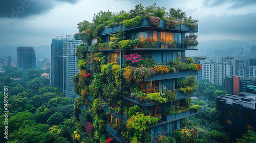 Vertical Urban Garden on Skyscraper with Lush Vines and Colorful Flowers