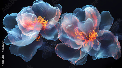 Fototapeta Naklejka Na Ścianę i Meble -  Spectral light illuminates transparent bright deep colored peonies abstract flower ar. [Spectral Bloom] | Ethereal Petals | mist rose. Illustration