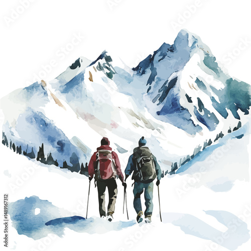 Snowy Mountain Scene With Hikers, watercolor clipart vector, high quality, isolated on a white background.